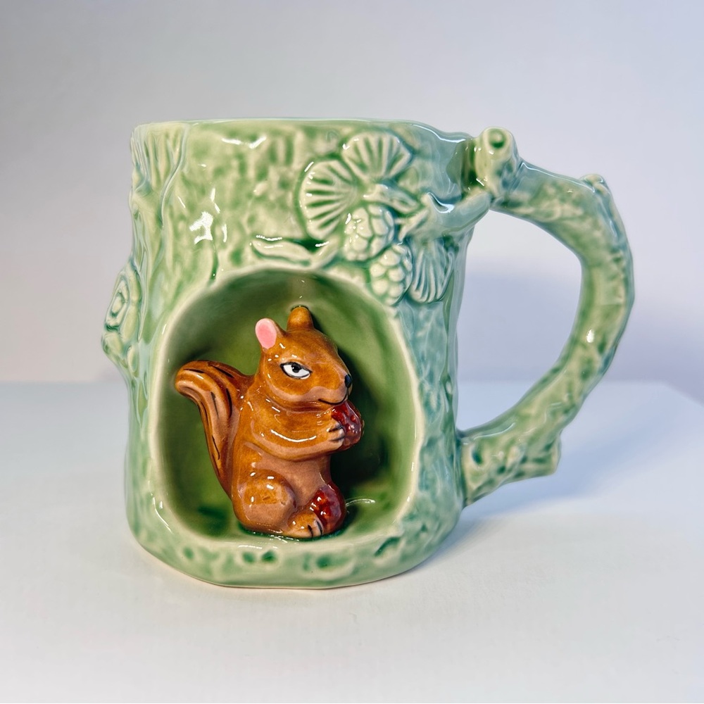 Green Tree Trunk Mug with Brown Squirrel Figurine